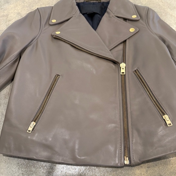 J. Crew Collection Leather Moto Jacket, Beige, Size 6 - Picture 2 of 4